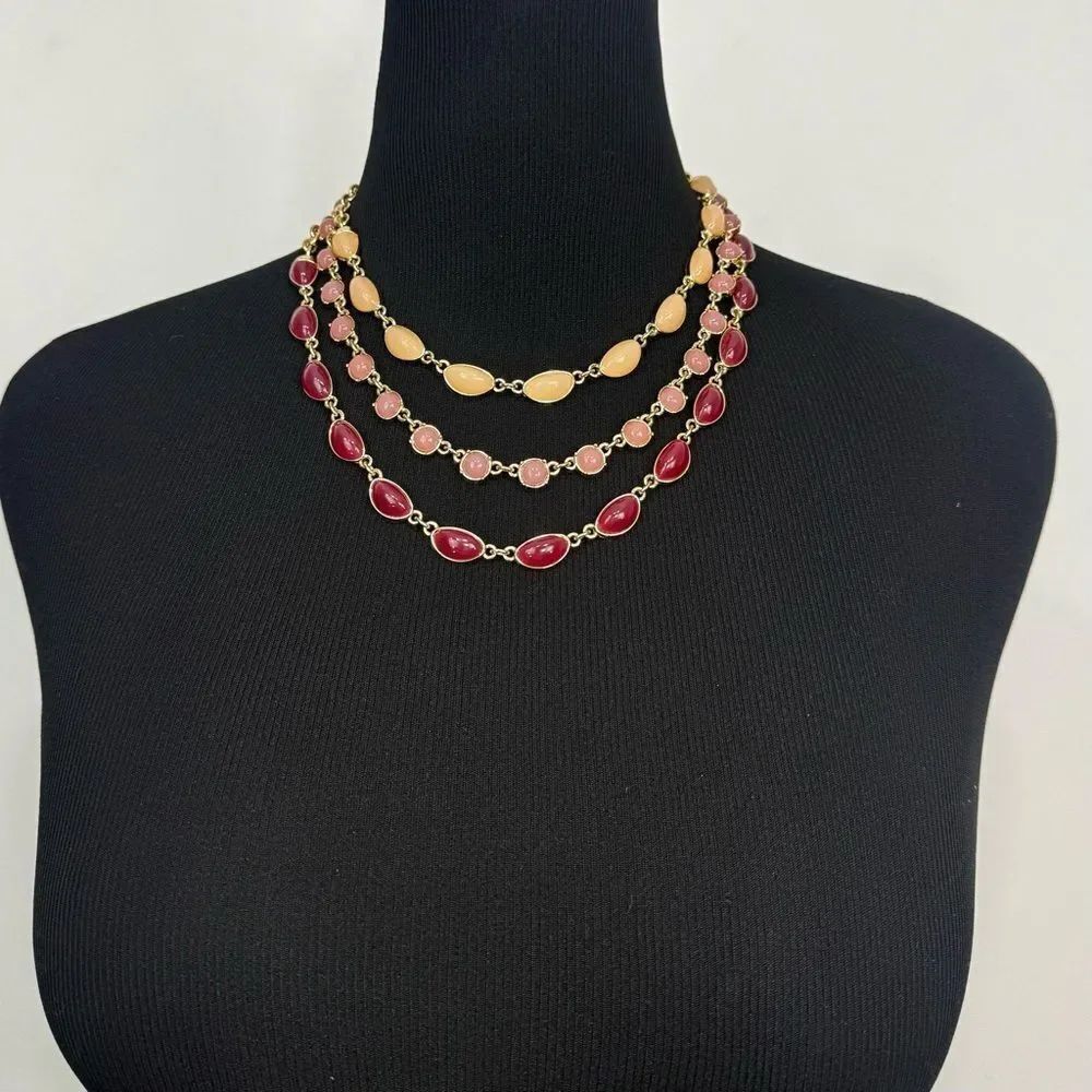 Ann Taylor Red Pink Cream Triple Strand Beaded Statement Necklace